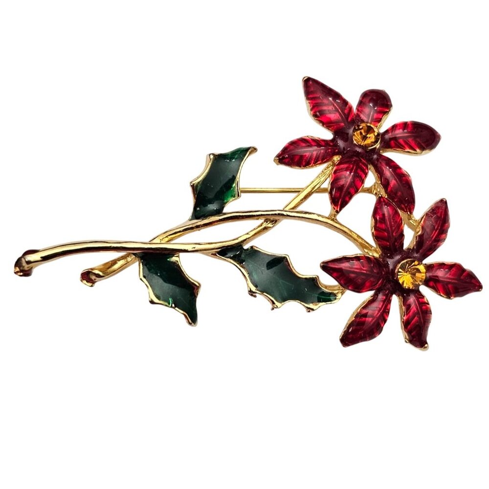 Poinsettia Red Enamel Yellow Rhinestone Brooch Christmas Pin C616
